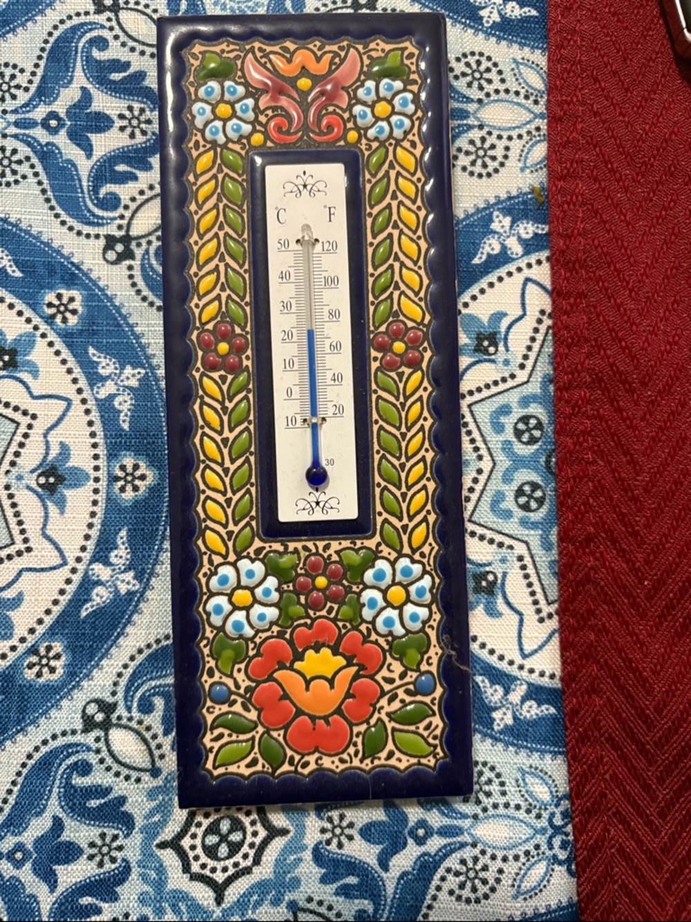 Vintage Handpainted Floral Ceramic Wall Thermometer - Multicolor